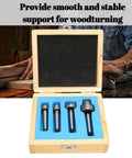 Front view of EIMSOAH 4-piece MT1 wood lathe center set in blue foam inside a wooden box.