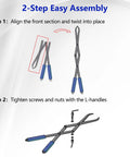2-step assembly instructions for Heavy Duty Collapsible Firewood Tongs 28 Inch Solid Manganese Steel with detailed visuals.
