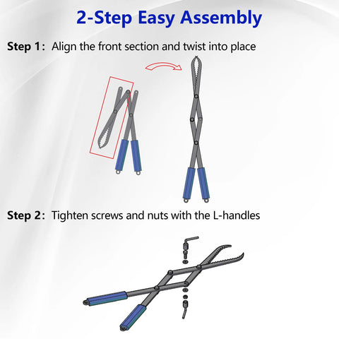 2-step assembly instructions for Heavy Duty Collapsible Firewood Tongs 28 Inch Solid Manganese Steel with detailed visuals.
