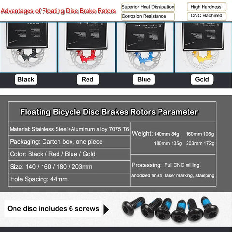 Floating Six Bolts Bike Disc Brake Rotor CNC Machined Stainless Steel For E Bike Road MTB BMX Gravel 140mm 160mm 180mm 203mm Black