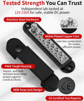 12V 150A Power Distribution Block Bus Bar With 1/4 Inch Stud Terminal featuring stainless steel hardware and snap-lock cover.
