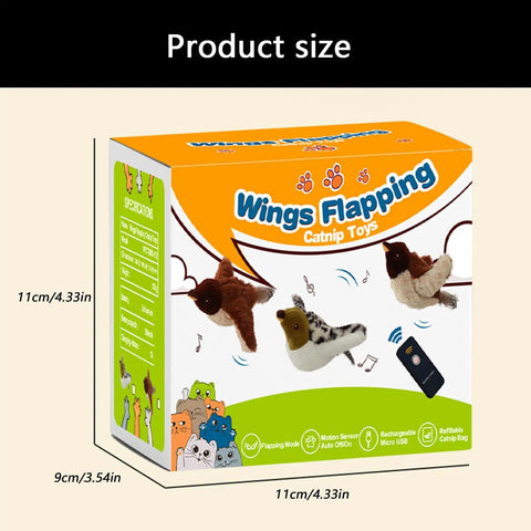 Product size box for Motion Activated Plush Bird Toy For Indoor Cats With Realistic Sounds, Rechargeable Interactive Pet Toy That Auto Starts, Quiet Hands Free Playtime Buddy For Curious Cats And Busy Owners., 11x9x11cm