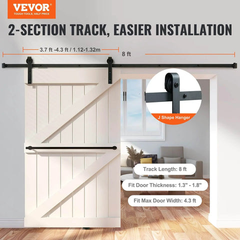 Eight Foot Sliding Barn Door Hardware Kit With 330 Lbs Capacity For A Single Door Fits 3.7 To 4.3 Feet Wide And 1.3 To 1.8 Inches Thick Panels Smooth Silent J Shape Pulley Two Section Tracks Heavy Duty Track System installed on white barn door.