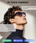Person wearing 4K Video Glasses With 8MP Camera For Vlog Travel And Work On The Go Open Ear Audio Real Time Translation And Voice Assistant