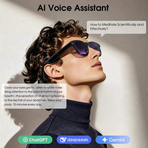 Person wearing 4K Video Glasses With 8MP Camera For Vlog Travel And Work On The Go Open Ear Audio Real Time Translation And Voice Assistant