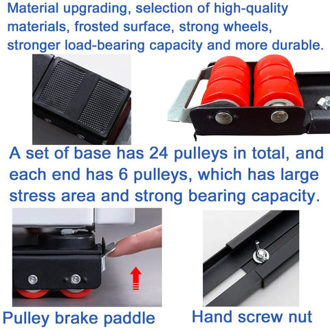 Close-up of Two Pack Heavy Duty Extensible Appliance Roller Set, showing red pulleys, brake paddle, and hand screw nut.