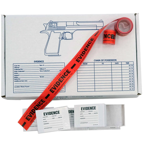 Hands-On CSI Crime Scene Investigation Kit For STEM Classrooms With Evidence Bags And Markers, box with red evidence tape.