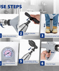 Step-by-step usage of High Pressure Air Drain Plunger for Quick Toilet Clogs and Drain Unclogging with pressure gauge visible