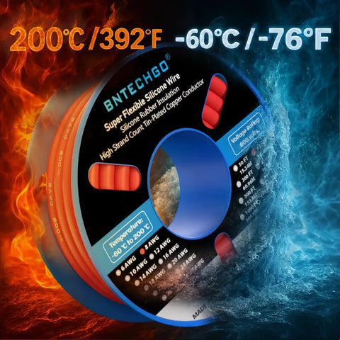 8 Gauge Silicone Wire Spool, 100 Ft Red Flexible 8 AWG Stranded Tinned Copper Wire For Electronics And Automotive Wiring, High Strand Count, Low Impedance, Durable Heat Resistant Build, Great For DIY Projects showcased with temperature range illustration.