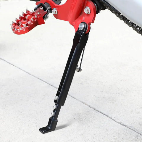 Heavy Duty Adjustable Dirt Bike Kickstand Built From 7075 Aluminum CNC Crafted Side Stand For 50cc To 150cc Pit Bikes Fits CR CRF XR RM KX KLX TTR PW 50 70 80 100 110 125 150 And Similar Off Road Models, side view