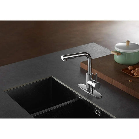 Concord Pull Out Sprayer Kitchen Faucet With Solid Brass Construction And Polished Chrome Finish installed on kitchen sink