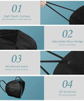 KN95 Face Mask 40 Count 5-Ply Cup Design Dust Protection Masks showing elastic earloop, adjustable nose bridge, reinforced seam, and 3D structure.