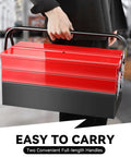 Person carrying 18 Inch Metal Tool Box With 3 Layer Folding Cantilever Tray System, 5 Drawers, Heavy Duty Tool Organizer