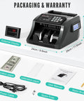 Cash Counting Machine With Bank Grade Counterfeit Detection UV MG IR DD, 3.5 Inch TFT Display, showing components like power cable and user manual