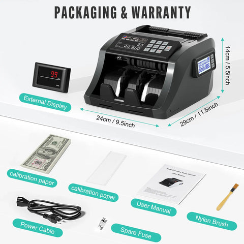Cash Counting Machine With Bank Grade Counterfeit Detection UV MG IR DD, 3.5 Inch TFT Display, showing components like power cable and user manual
