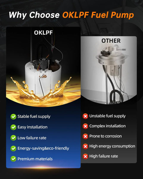 Comparison between OKLPF and other fuel pumps highlighting stability, installation, and materials.