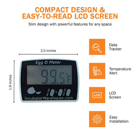 Egg Temperature Monitor With Large Digital Display For Inside Egg Readout Min Max Memory Celsius And Fahrenheit Precise Hatching Thermometer For Incubators Easy To Read Egg Gauge For DIY Hatchers shows compact LCD design with 2.5 x 1.9 inch dimensions.