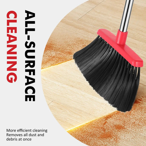 Heavy Duty Angle Broom With Adjustable Handle And Wide Brush Head Built Like A Beast To Clean Concrete Patios Garages And Driveways Without Breaking A Sweat Two Pack Black Red sweeping dust from wood surface.