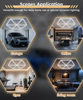 Hexagon Garage LED Lights Hexagonal Panel 6500K Daylight 5940LM installed in garage, office, gym, and living room.