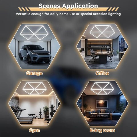 Hexagon Garage LED Lights Hexagonal Panel 6500K Daylight 5940LM installed in garage, office, gym, and living room.