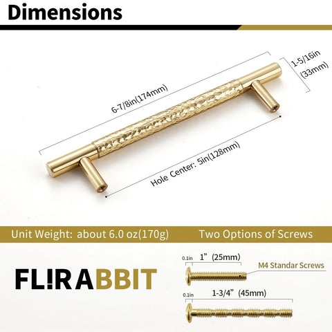 Polished Brass Cabinet Pulls 5 Pack Modern Hammered Texture Handles with 5-Inch Hole Centers, 128mm, shown with dimension details.
