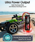 Green RC buggy with 4S LiPo Battery 6500mAh 120C RC Battery Pack With TR Plug For Maxx X Maxx in dynamic outdoor setting.
