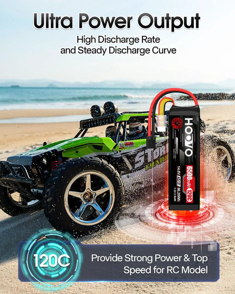 Green RC buggy with 4S LiPo Battery 6500mAh 120C RC Battery Pack With TR Plug For Maxx X Maxx in dynamic outdoor setting.