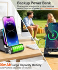 Induction Phone Stand Speaker With Colorful Lights And 3500mAh Battery Portable Hands Free Amplifier For iPhone iPad Android Samsung No Bluetooth Hassle Required on desk with phone, RGB lights, and battery display.
