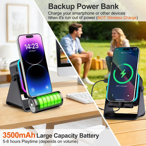 Induction Phone Stand Speaker With Colorful Lights And 3500mAh Battery Portable Hands Free Amplifier For iPhone iPad Android Samsung No Bluetooth Hassle Required on desk with phone, RGB lights, and battery display.