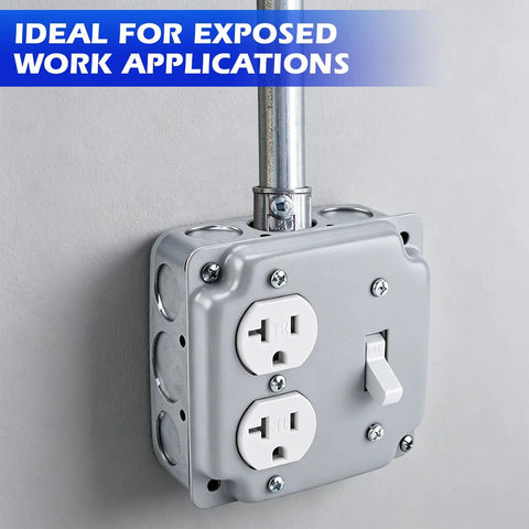 4x4 Inch 2 Gang Metal Electrical Box Switch And Outlet Combo Kit with visible tamper-resistant duplex receptacle and toggle switch