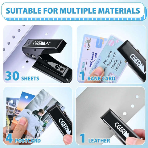 Heavy Duty Single Hole Punch For 0.25 Inch Holes, punching various materials like paper, cards, and leather, 30 sheet capacity, black.