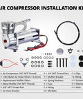 Heavy Duty 12V Air Horn Suspension Compressor Featuring Hella Fast Inflation For Truck Train Tire Air Ride System And Diy Pneumatic Tools Knockout Build Straight Up Strong installation kit components displayed.
