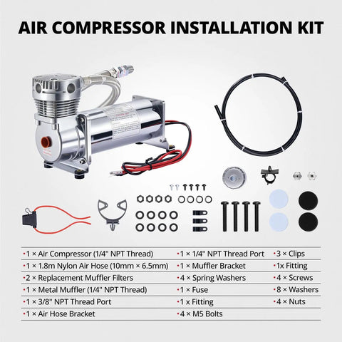 Heavy Duty 12V Air Horn Suspension Compressor Featuring Hella Fast Inflation For Truck Train Tire Air Ride System And Diy Pneumatic Tools Knockout Build Straight Up Strong installation kit components displayed.