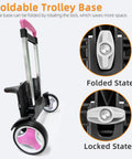 Foldable Aluminum Backpack Trolley Cart With Stair Climbing Wheels, Adjustable Handle And 77 Lb Capacity, Pink, foldable base view
