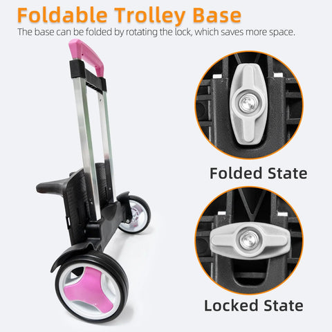 Foldable Aluminum Backpack Trolley Cart With Stair Climbing Wheels, Adjustable Handle And 77 Lb Capacity, Pink, foldable base view