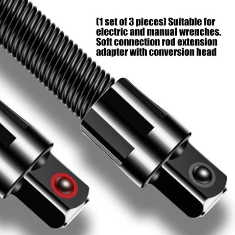 Close-up of Flexible Socket Extension Rod Set Three Piece Half Inch Drive Metal Wrench Extender Kit with connection adapters.