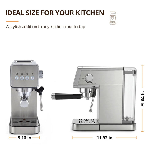 Compact Stainless Steel Espresso Maker With Auto Milk Frother And Steam Wand 20 Bar Pressure Quick Heating Coffee Machine on a kitchen countertop.