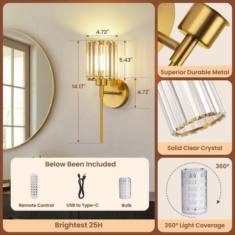 Two Pack Crystal Rechargeable Wireless Wall Sconces Featuring Brushed Gold Finish With Adjustable Dimming Remote And Multi Hue Settings Built For Super Quick Mounting And Zero Wiring Hassles Ever, 14.17 inch height, K9 crystal.