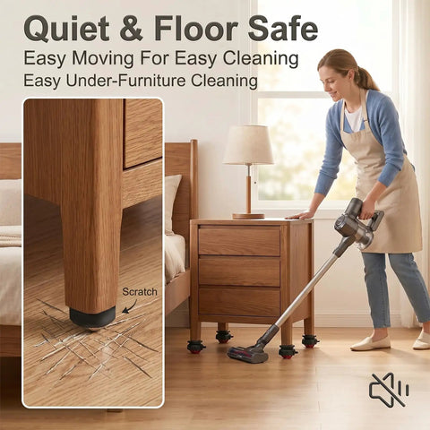 Quiet and Floor Safe Snap In No Sweat Silent Swivel Caster Wheels For Bedroom Dressers And Kitchen Islands on wooden furniture