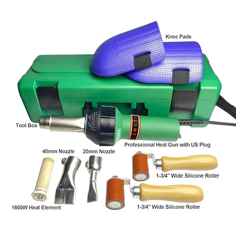 110V 1600W Hot Air Welder Gun For Plastic Repairs And DIY Projects with tool box, nozzles, rollers, and knee pads