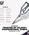 Ambidextrous Japanese Stainless Steel Kitchen Scissors For Spatchcocking Chicken, Trimming Fat, And Breaking Down Poultry, Also Great For Pizza, Flatbread, Herbs, Quesadillas, And Quick Package Opening, Detachable For Easy Cleaning. polished stainless steel kitchen scissors shown angled on white background