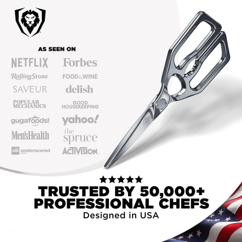 Ambidextrous Japanese Stainless Steel Kitchen Scissors For Spatchcocking Chicken, Trimming Fat, And Breaking Down Poultry, Also Great For Pizza, Flatbread, Herbs, Quesadillas, And Quick Package Opening, Detachable For Easy Cleaning. polished stainless steel kitchen scissors shown angled on white background
