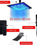 Top Shelf Matte Black LED Shower System Featuring Wide Rainfall Head And Ergonomic Hand Sprayer, 3 Way Mixer Wall Mount Tub Spout, Badass Anti Scale ABS Nozzles Full Fixture Set, showing 16-inch rainfall shower head with LED lights and components.