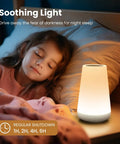 Girl sleeping next to dimmable touch night light with 360 degree control, portable bedside lamp, 5 brightness levels and 13 RGB colors.