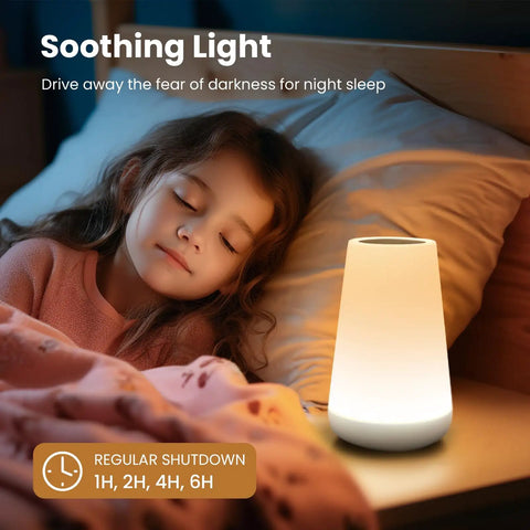 Girl sleeping next to dimmable touch night light with 360 degree control, portable bedside lamp, 5 brightness levels and 13 RGB colors.