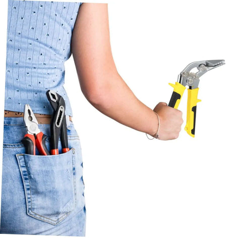 Person holding ergonomic handheld ductwork tool for sheet metal bending and seaming, yellow handle with easy open latch.