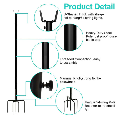 Two Pack 11 Foot Rust Proof Steel String Light Poles With Heavy Duty Stands And Five Prong Stabilizers for details view