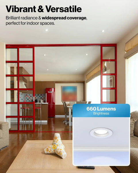 4 Inch Retrofit LED Recessed Can Lights Dimmable Warm White 3000K installed in modern living room, 660 lumens brightness.