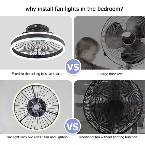 Comparison of Invisible Ceiling Fan With Lights, 16-Inch Flush Mount, and traditional fans in a bedroom setting.