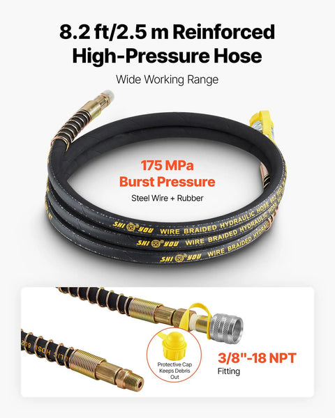 8.2 ft reinforced high-pressure hose with 175 MPa burst pressure, steel wire and rubber, 3/8”-18 NPT fitting.